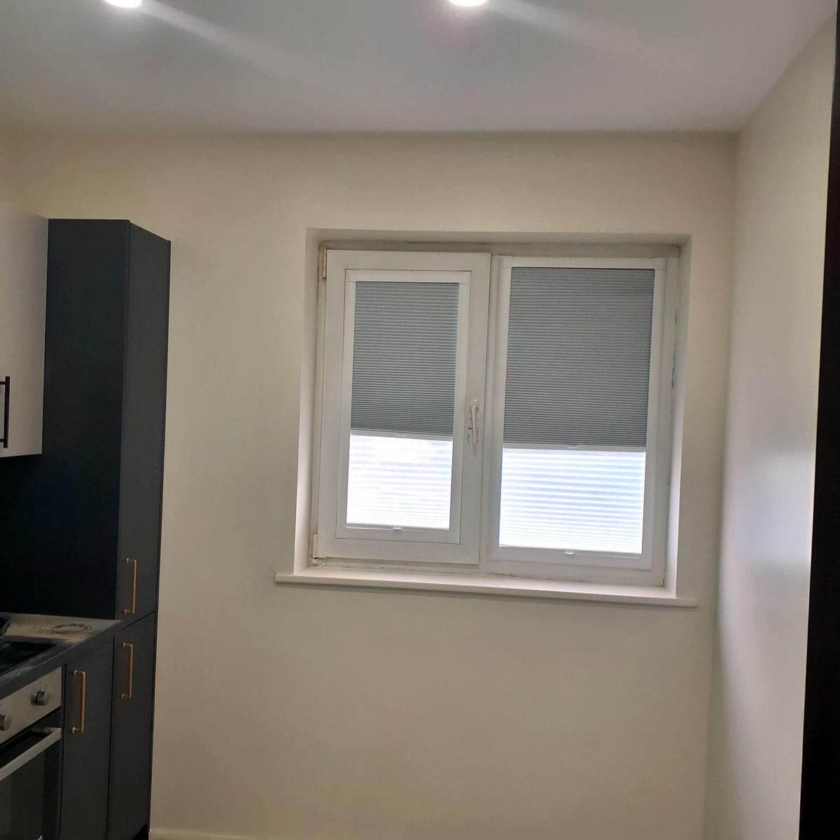 Pleated blinds on a two-pane kitchen window